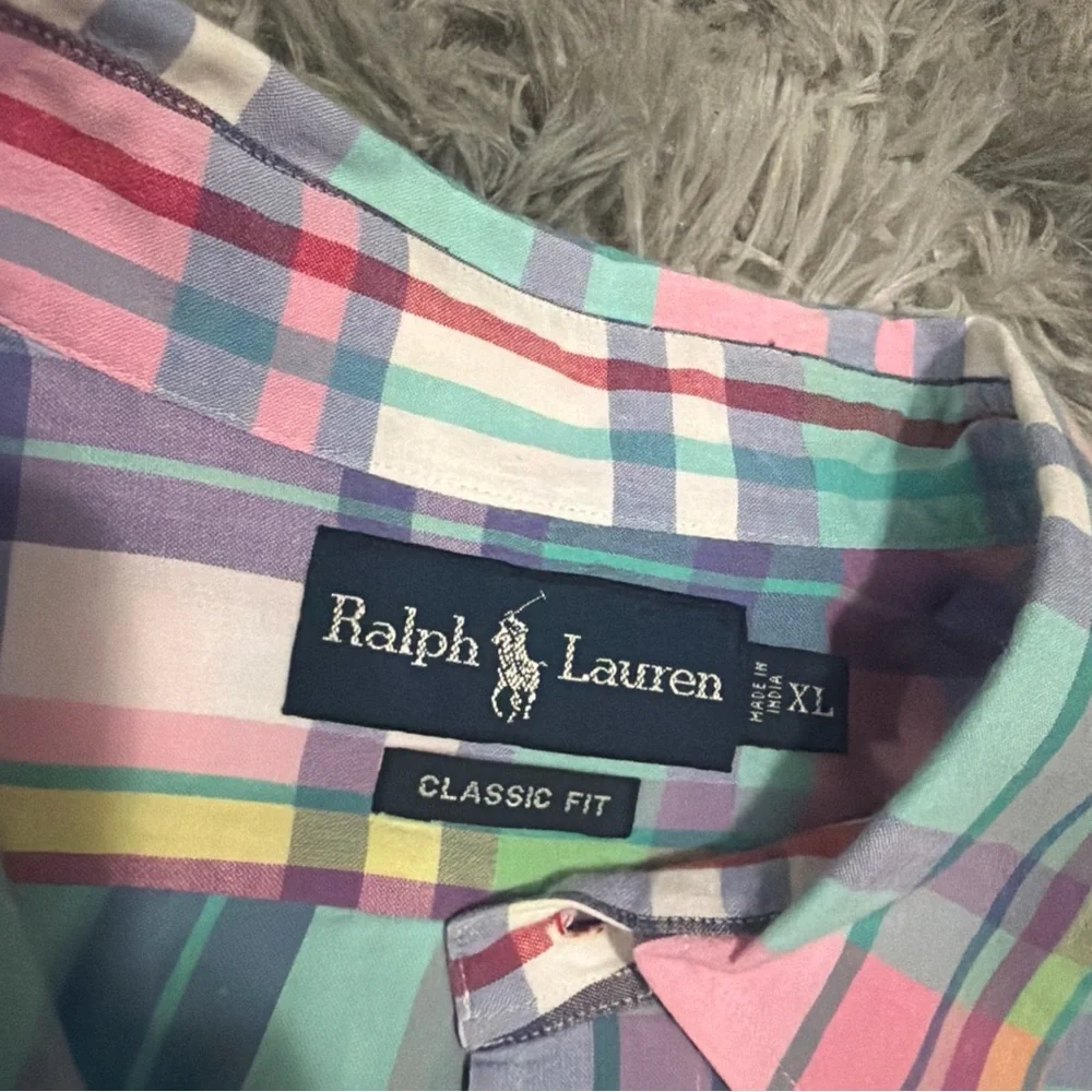 VINTAGE POLO RALPH LAUREN PLAID PASTEL SUMMER BUTTON DOWN SHIRT XL